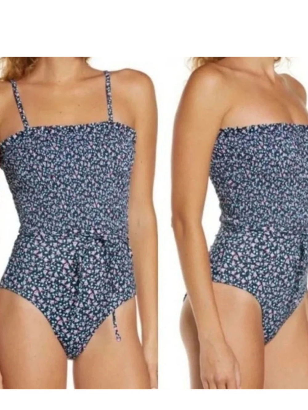 Chelsea28 Navy Floral Smocked Strapless Optional One-Piece Swimsuit šš